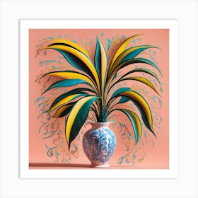 Vibrant Foliage Stylized Plant In Patterned Vase (1) Art Print