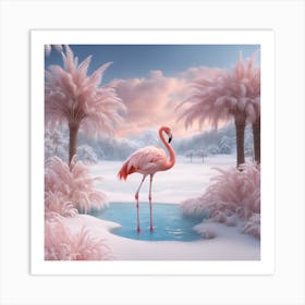 Digital Oil, Flamingo Wearing A Winter Coat, Whimsical And Imaginative, Soft Snowfall, Pastel Pinks, (4) Art Print