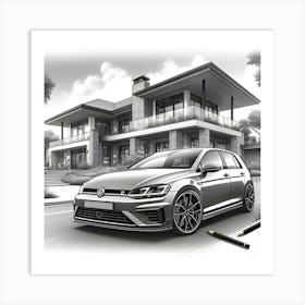 A Pencil Drawing Of A WV Golf 8 R In Front Of A Beautiful Modern Mansion Art Print