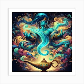 A Colorful Genie Coming Out Of A Bottle Art Print