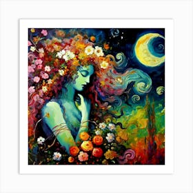 Moon And Flowers Art Print