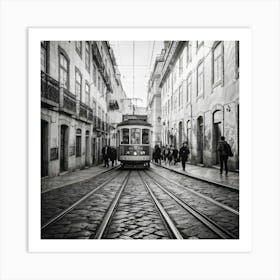 Black And White Photo Lisbons Vintage Tramway Weaving Through Narrow Historic City Streets Tram D (4) Art Print