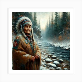 Elderly Native American Woman By Stream Copy Art Print