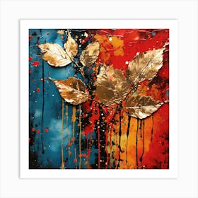 Leaves Of Gold, Acrylic Paint Drips And Metal Leaf , Autumn Leaves Art Print