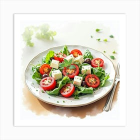 Watercolor Depiction Of A Fresh And Vibrant Greek Salad On A Fine Dining Table Art Print