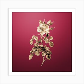 Gold Botanical Four Seasons Rose in Bloom on Viva Magenta Art Print