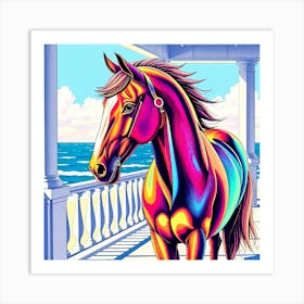 Colorful Horse On A Ocean Veranda Art Print