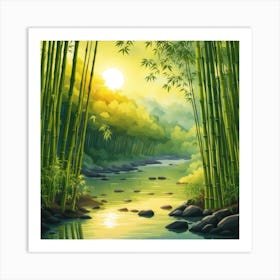 A Stream In A Bamboo Forest At Sun Rise Square Composition 396 Art Print