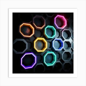 Hexagonal shapes with neon lights, futuristic, cyberpunk, background 4 Art Print