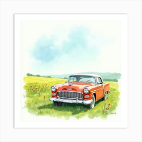 Elegant Classic Car With A Springtime Meadow, Watercolor Painting 1 Art Print