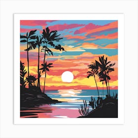 Abstract Water Color Sunset With Trees Art Print