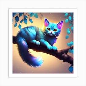 Blue Cat On A Branch Art Print