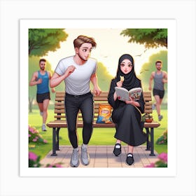 Muslim Couple Running In Park Art Print