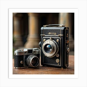 Old Fashioned Camera Cloaked In A Black Slim Case Placed Alongside A Vintage Compact Still That Fe (1) Art Print