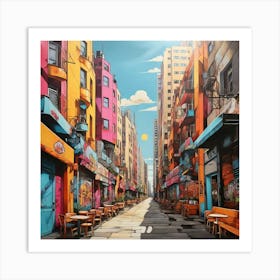 Pop Art graffiti Street with cafes, high-rise buildings, sun Art Print