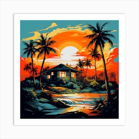 House At Sunset,Tropical Dream Home: A Serene Sunset Oasis with a Majestic Coconut Tree Art Print