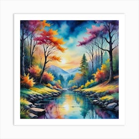 Shimmering Reflections: A Mountain Dreamscape Sunset River Art Print