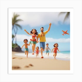 Hawaii Happy Family And Beach With Happy Children Running Toy Airplane And Freedom 1 Art Print