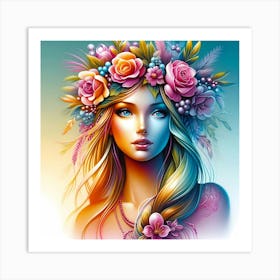 Colorful Girl With Flower Crown Art Print