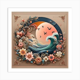 Ocean Waves With Flowers And Birds Art Print