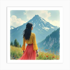 Lovely Woman In Watercolor Attire, Dramatic Mountain Scene 1 Art Print