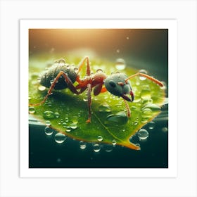 Ant On Leaf With Water Droplets Art Print