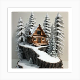 Small wooden hut inside a dense forest of pine trees with falling snow 2 Art Print