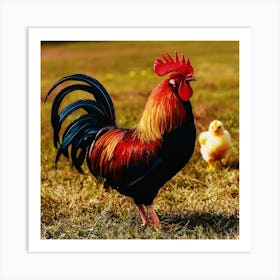 Rooster And Chick In The Field Feliz dia dos Pais typographic Happy fathers day for brazilian portuguese language greeting card postcard and congratulation fathers day dad,daddy,father,fathers day,dad,pai,family illustration wall art, clop art Art Print