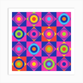 GEOMETRIC CIRCLE CHECKERBOARD TILES in Glam 70s Disco Revival Colours Pink Purple Red Orange Art Print