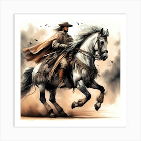 Portugese Gentleman On His Lusitano Horse Color Drawing Art Print