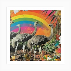 Rainbow Retro Ostrich Collage 3 Art Print