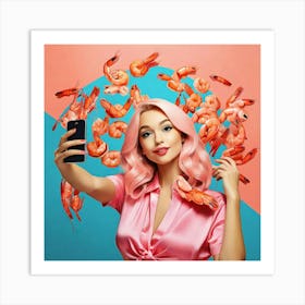 Young Woman With Pink Hair And Shrimps Art Print