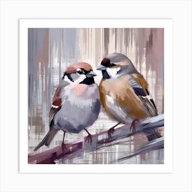 Firefly A Modern Illustration Of 2 Beautiful Sparrows Together In Neutral Colors Of Taupe, Gray, Tan (45) Art Print