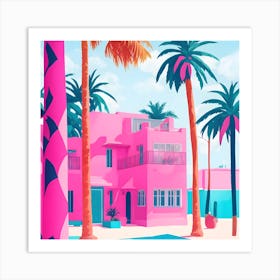Pink House With Palm Trees Art Print