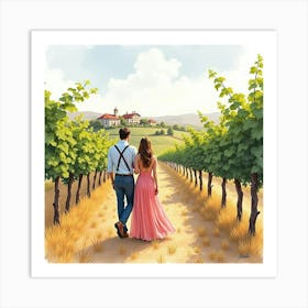 Romantic Watercolor Scene Of An Italian Couple At A Vineyard During Harvest Art Print