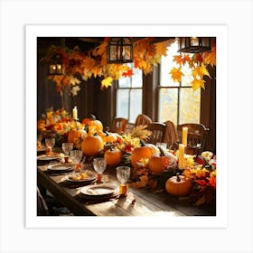 Autumn Table Decor Sprawling Across A Rustic Wooden Table Scattered Bright Orange Pumpkins Accompan (4) Art Print