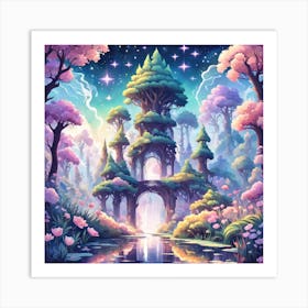 A Fantasy Forest With Twinkling Stars In Pastel Tone Square Composition 110 Art Print