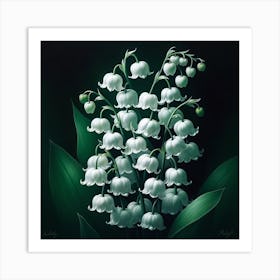 "Midnight Blooms"  In the stillness of the night, a lush cluster of lily of the valley exudes elegance, their bell-shaped flowers a milky constellation against a darkened sky.  Discover the subtle allure of 'Midnight Blooms', where the enchanting lily of the valley stands out with its pristine white blossoms against a deep, velvety backdrop. This piece captures the mystique of a moonlit garden, perfect for adding a touch of sophistication and night-time serenity to your collection. Art Print