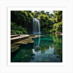 A Serene Waterfall Cascading Into A Crystal Clear Pool Surrounded By Lush Greenery 2 Art Print