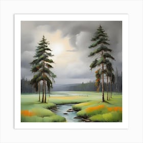 Stream With Pine Trees . Art Print