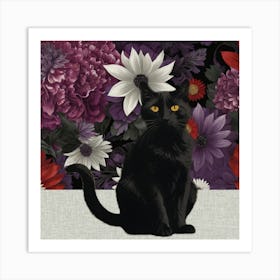 Black Cat With Flowers Art Print