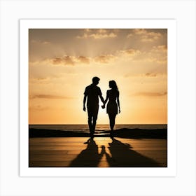 Couple Holding Hands At Sunset Art Print