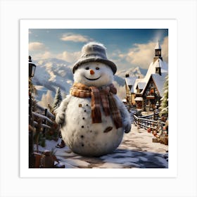 Snowman In The Village Art Print