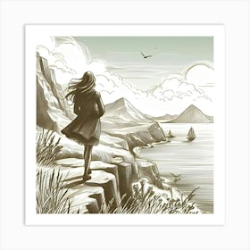 A Sketch Of A Woman Standing On A Cliff Looking At The Sea In A Fancy Art Style 5 Poster