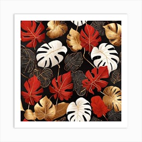 Golden and red leaves of Monstera Art Print