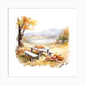 Watercolor Autumn Picnic Table 2 Art Print