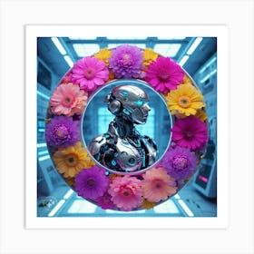 Robot In A Circle Of Flowers Art Print