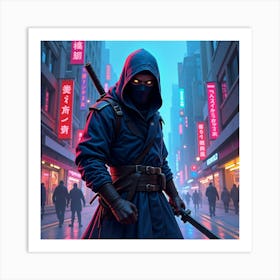 Ninja Assassin In A Neon Watercolor Cityscape 1 Art Print