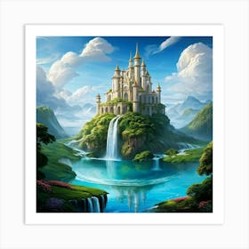 Whimsical Castle Perched On A Collection Of Floating Islands Cascading Waterfalls Spilling From One Art Print