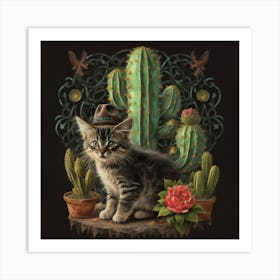 vintage Americana cute fluffy kitten in a cowboy hat floral Cactus Cat Art Print